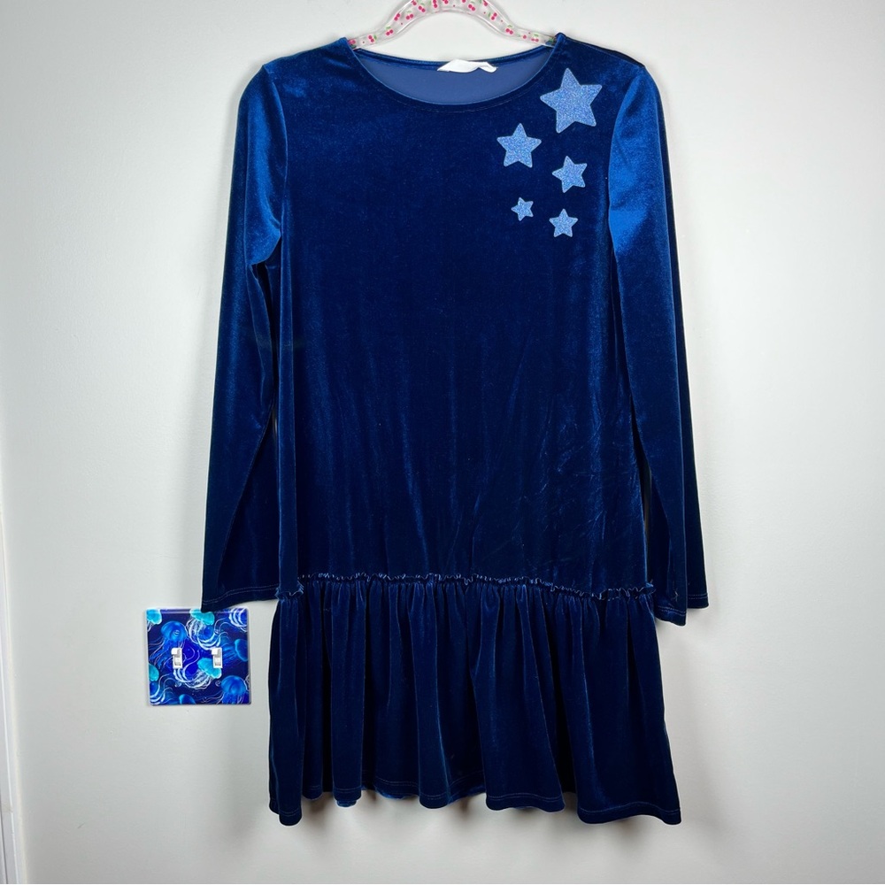 MNG Mango Blue Velvet Star Glitter Long Sleeve Holiday Dress Size 11-12 Years
